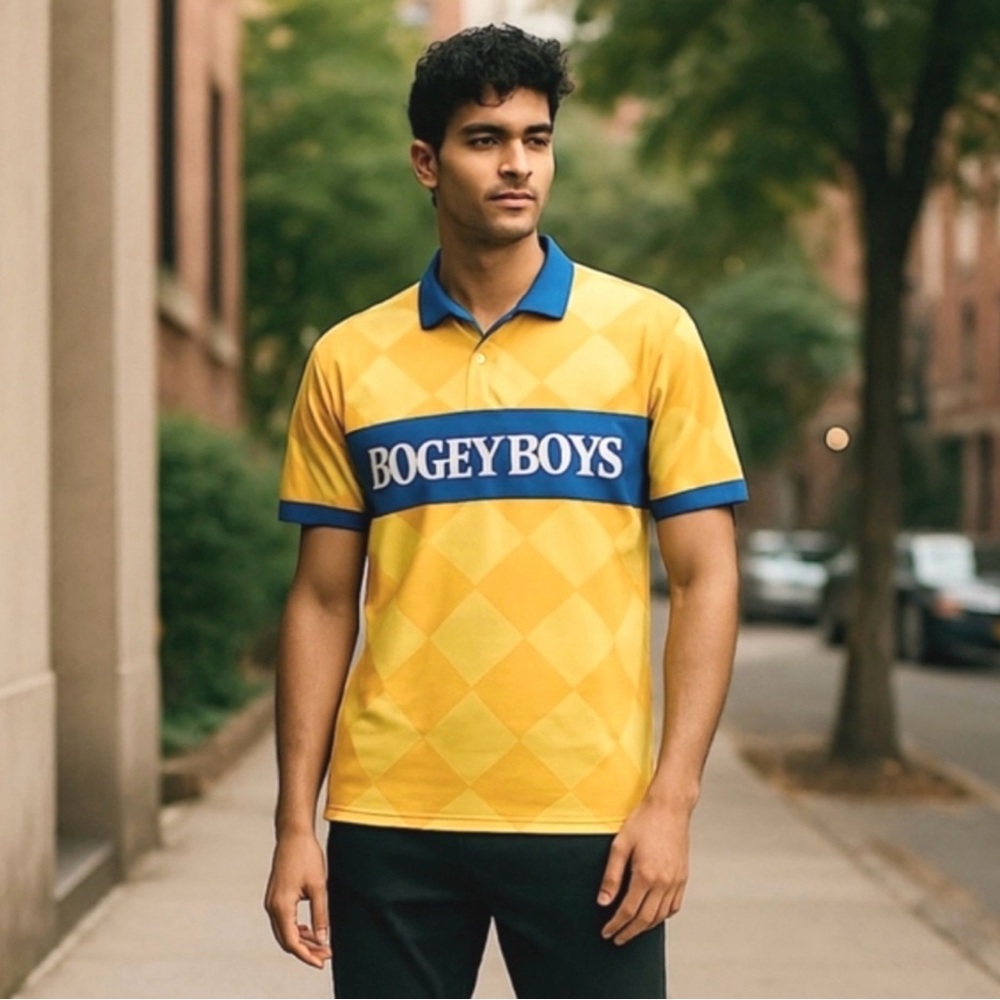 Bogey Boys yellow blue logo Men’s Yellow and Blue Polo Shirt NWT LARGE
